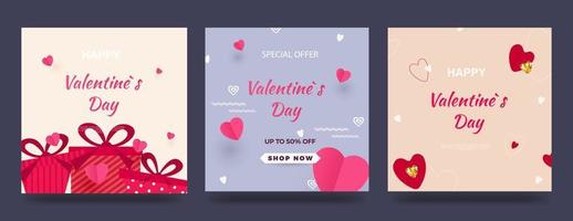 cartel de venta de feliz día de san valentín. juego de cartas con corazones y regalos. ilustración vectorial para sitios web, pancartas, anuncios, cupones, materiales promocionales. ilustración vectorial vector