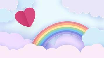 Valentine s day background with a heart flying through the clouds. Romantic paper art in origami style. Rainbow in the clouds. Vector illustration