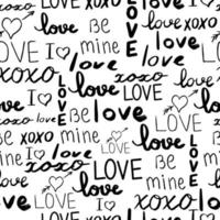 Text love, script cute doodle hand drawn seamless pattern on white background. Vector illustration