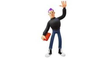 Illustration 3D. personnage de dessin animé 3d homme sympathique. mec cool portant un pull noir. homme riche portant un portefeuille et agitant la main en souriant. personnage de dessin animé 3D png