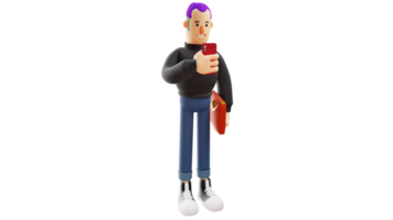 3D-Darstellung. reicher mann 3d-zeichentrickfigur. cooler Typ, der einen schwarzen Pullover mit lila Haaren trägt. Der reiche Kerl überprüft sein Handy. reicher junger Mann mit roter Brieftasche. 3D-Zeichentrickfigur png