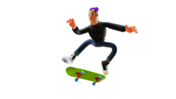 ilustração 3D. personagem de desenho animado 3d de homem legal. cara legal vestindo um suéter preto. menino talentoso está jogando skate. jovem rico fazendo seu hobby. personagem de desenho animado 3D png