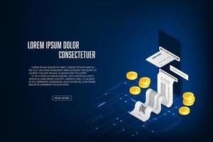 Vector isometric technology cyber security online payment application concept. Fingerprint on circuit board with mobile phone.