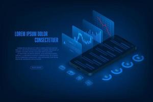 aplicación móvil de comercio y finanzas de datos en línea isométrica vectorial. vector