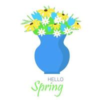 Bouquet of flowers in vase. Square card or banner with text Hello spring. Isolated vase with flowers on white background. Vector illustration.