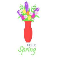 Flowers in vase isolated. Bouquet of spring flowers with text Hello Spring. Vector illustration.