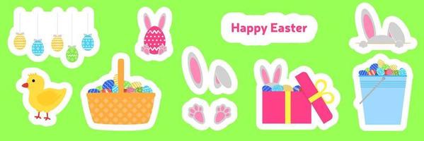 Set of Easter stickers. Bunny, rabbit, eggs, chick, gift box and bucket with eggs. Vector illustration.