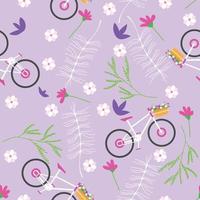 Seamless spring pattern with bicycle and flowers. Vector illustration.