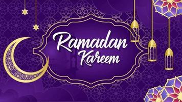 Ramadan Kareem greeting motion design animation. Beautiful Ramadan design concept with hanging ramadan candle lantern, mosque and half moon.