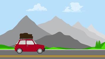 animación de un auto rojo moviéndose sobre un fondo montañoso. el coche conduce por la carretera de montaña. el coche de dibujos animados conduce por los campos. video
