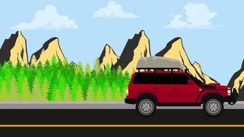 camper auto suv auto reizen animatie met berg en pijnboom Woud visie, perfect voor weg reizen, camping, vakanties video