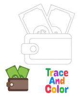 Cash Wallet tracing worksheet for kids vector