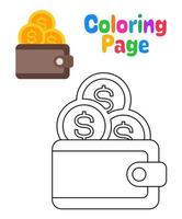 Coloring page with Cash Wallet for kids vector