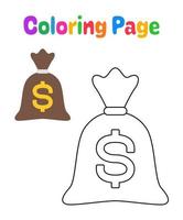 página para colorear con saco de dinero para niños vector