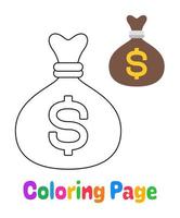 página para colorear con saco de dinero para niños vector