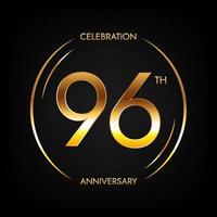 96th anniversary. Ninety-six years birthday celebration banner in bright golden color. Circular logo with elegant number design. vector