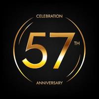 57th anniversary. Fifty-seven years birthday celebration banner in bright golden color. Circular logo with elegant number design. vector