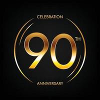 90th anniversary. Ninety years birthday celebration banner in bright golden color. Circular logo with elegant number design. vector