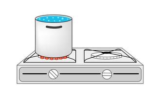 estufa de dos quemadores con olla de metal y agua hirviendo sobre un fondo blanco vector