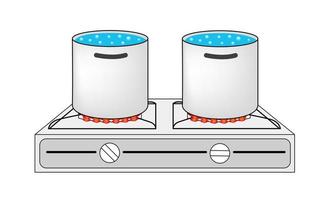 estufa de dos quemadores con dos ollas de metal y agua hirviendo.eps vector