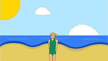 Young blond girl on the beach on sunny day. Vector illustration.