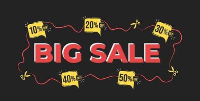 Design of Black banner with discount tags and special offers for big sale. Balloons with 10, 20, 30, 40 and 50 off. vector