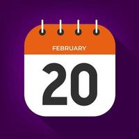 February day 20. Number twenty on a white paper with orange color border on purple background vector. vector