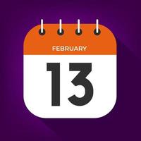 día 13 de febrero. número trece en un papel blanco con borde de color naranja en el vector de fondo púrpura.