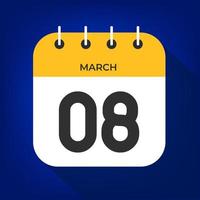 March day 8. Number eight on a white paper with yellow color border on a blue background vector. vector