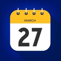 March day 27. Number twenty-seven on a white paper with yellow color border on a blue background vector. vector