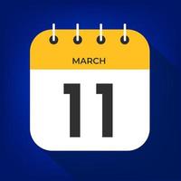 March day 11. Number eleven on a white paper with yellow color border on a blue background vector. vector