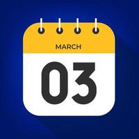 March day 3. Number three on a white paper with yellow color border on a blue background vector. vector