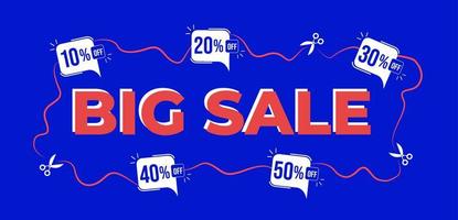 Design of Blue banner with discount tags and special offers for big sale. Balloons with 10, 20, 30, 40 and 50 off. vector