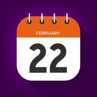 día 22 de febrero. número veintidós en un libro blanco con borde de color naranja en el vector de fondo púrpura.