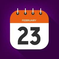 February day 23. Number twenty-three on a white paper with orange color border on purple background vector. vector