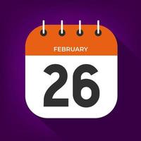 día 26 de febrero. número veintiséis en un libro blanco con borde de color naranja en el vector de fondo púrpura.