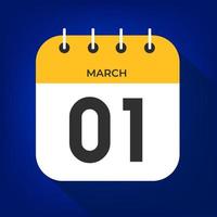 March day 1. Number one on a white paper with yellow color border on a blue background vector. vector