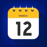 March day 12. Number twelve on a white paper with yellow color border on a blue background vector. vector