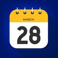 día 28 de marzo. número veintiocho en un papel blanco con borde de color amarillo en un vector de fondo azul.