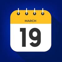 March day 19. Number nineteen on a white paper with yellow color border on a blue background vector. vector