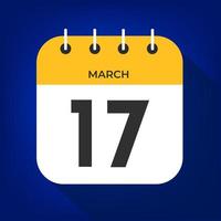 March day 17. Number seventeen on a white paper with yellow color border on a blue background vector. vector