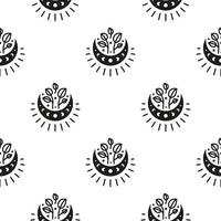 Boho seamless pattern with crescent moon, moon phases, leafy twigs and starburst. vector