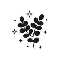 Black celestial leafy branch and stars around. vector