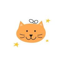 Cute doodle cat face with outline bow. vector