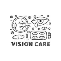 Poster with lettering and doodle outline ophthalmology icons. vector