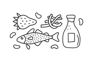 Group of doodle outline iodine food sources. vector