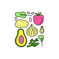 Group of doodle colored iodine food sources. vector