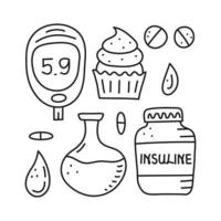 Set of doodle outline diabetes items. vector