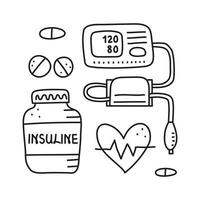 Set of doodle outline diabetes items. vector