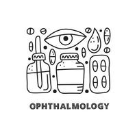 Group of doodle outline ophthalmology icons. vector